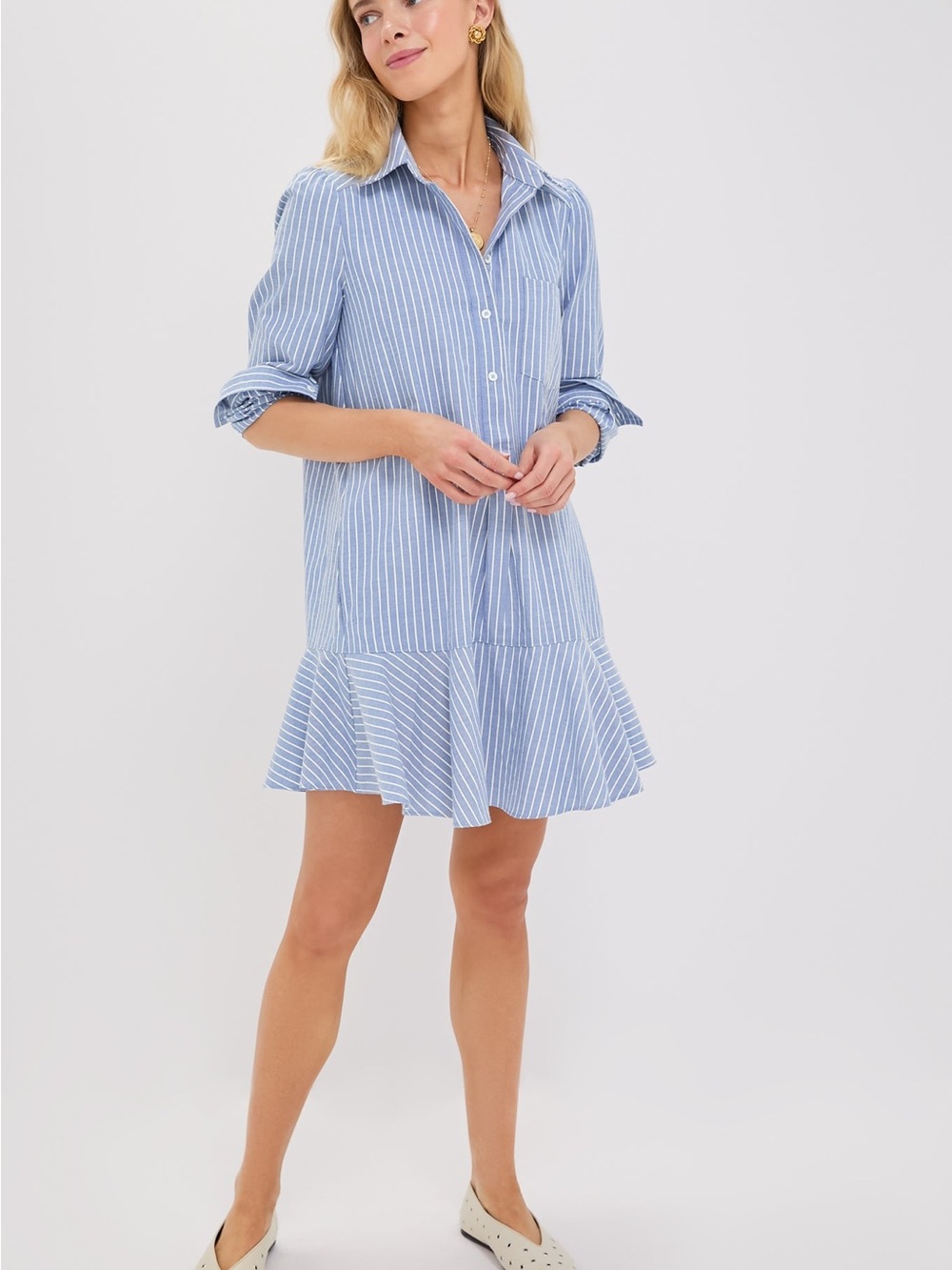 En Saison Blue & White Striped Ruffle Hem Shirt Dress